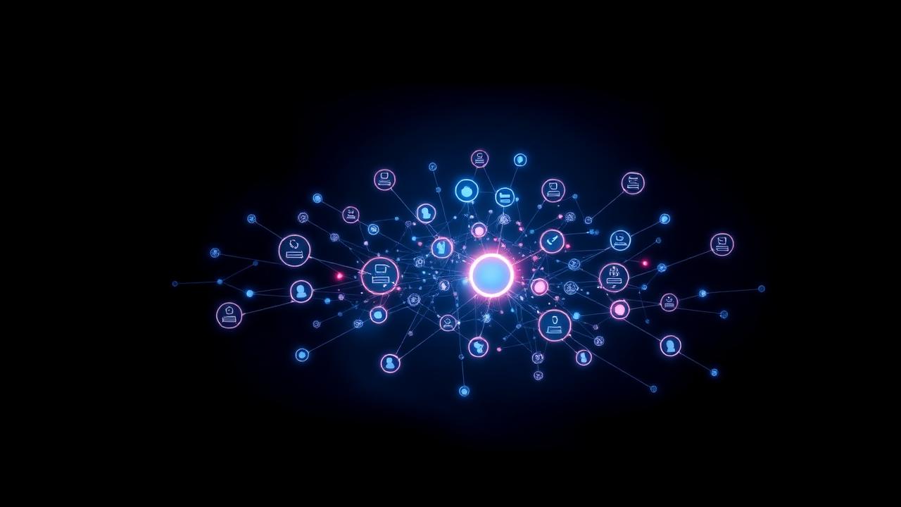 Abstract dark-blue visualization of many tenant nodes monitored from a single dashboard