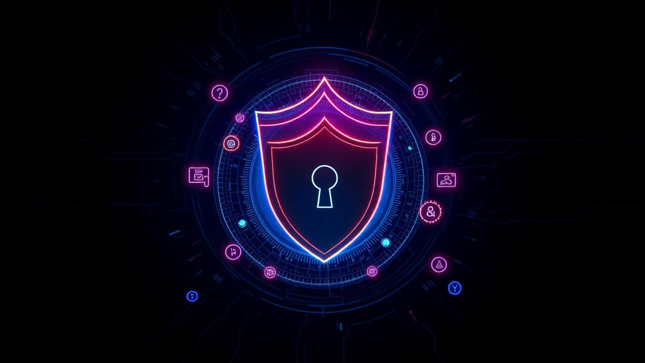 Abstract dark-blue security shield with fractured permission group icons floating around it